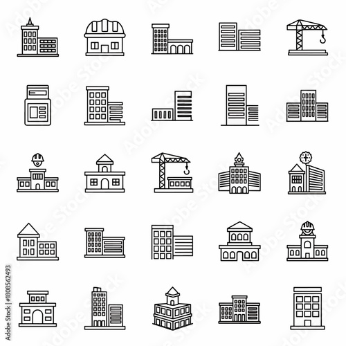 Collection of modern and classic building icons, architectural structures, and construction crane symbols for design projects