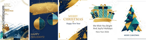 Festive Merry Christmas and Happy New Year Greeting Card Collection: A Set of Vector Illustration Concepts for Holiday Backgrounds, Party Invitations, Website Banners, and Social Media Marketing Mater
