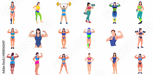 Flat Pixelated Muscular Woman Characters with Various Exercise Poses Illustration