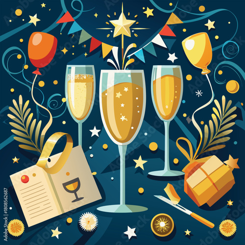 Celebration illustration with champagne flutes, balloons, stars, and gifts. celebration