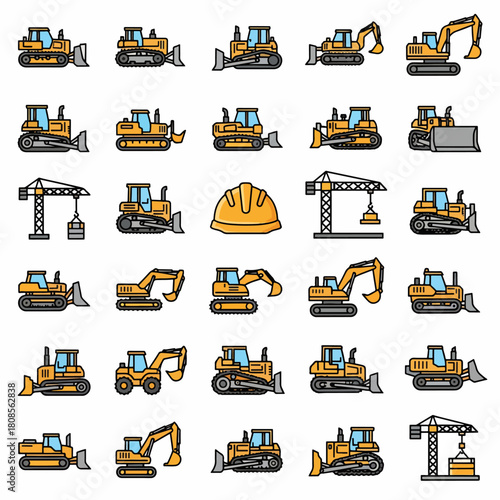 Collection of Yellow Construction Vehicles Excavators Dozers Cranes and Hard Hat Icons Set Vector Illustration