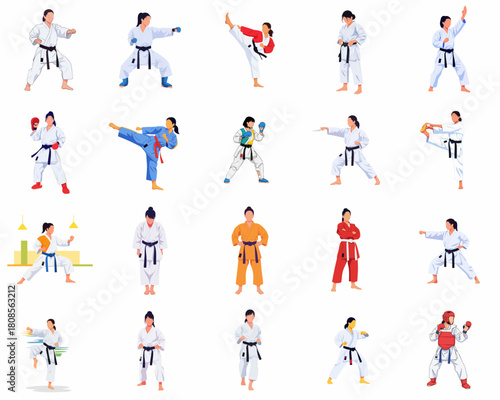 Diverse Collection of Karate and Martial Arts Students Training Poses Illustration