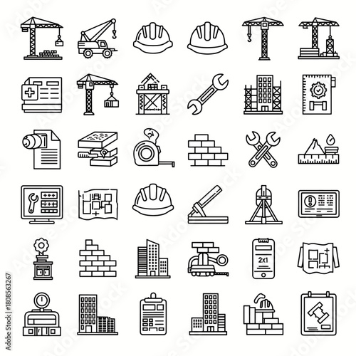Construction Icon Set Vector Building Industry Tools Helmets Cranes and Machinery Outline Graphics Collection