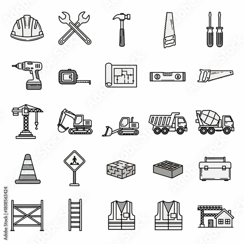 Construction industry diverse vector icons set featuring tools, machinery, safety equipment, and building materials on white