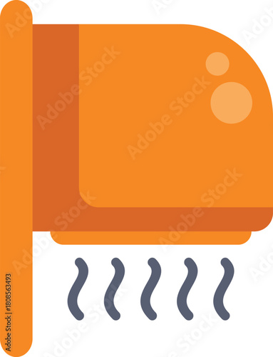 Orange electric hand dryer is drying hands with hot air in a public restroom