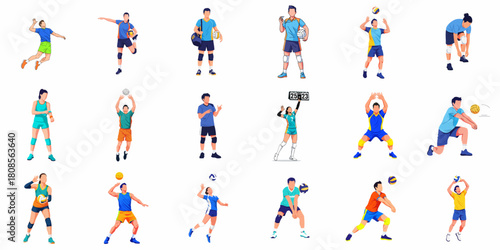 Flat Illustration Diverse Volleyball Player Action Collection Sport Design