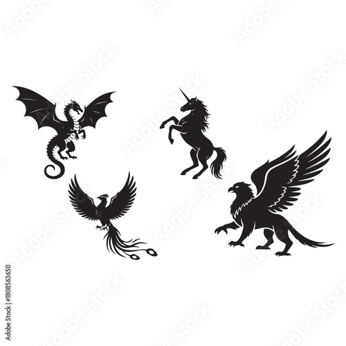 Dragon Unicorn Phoenix Griffin Logo Set vector
