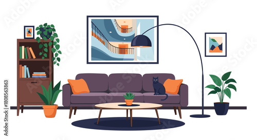 Stylish living room interior with a comfortable purple sofa a black cat and numerous green houseplants on a white background.