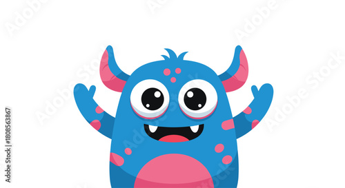 Adorable and friendly blue cartoon monster with pink spots and horns waving its hands happily on a clean white background.