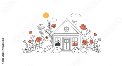 Minimalist line art illustration of a charming house nestled among tall red flowers under a yellow sun and fluffy clouds.