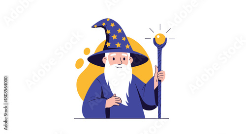 Cheerful cartoon wizard with a long white beard and a pointy blue hat with stars holding a magical glowing staff happily.