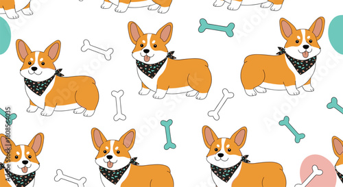 Seamless and adorable pattern featuring cute cartoon corgi dogs wearing bandanas alongside dog bones on a white background.
