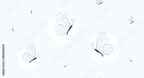 Delicate and minimalist seamless pattern of sketched butterflies flying against a soft light blue sky background illustration.