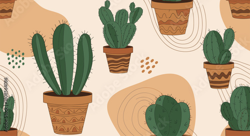Bohemian-style seamless pattern of various hand-drawn cactus plants in terracotta pots with abstract shapes and neutral tones.