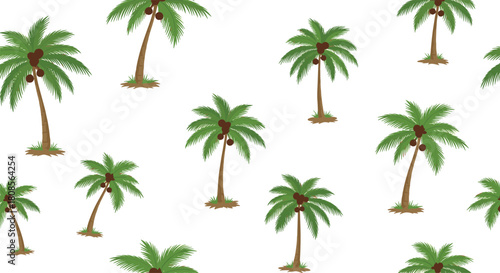 Tropical seamless pattern featuring coconut palm trees scattered across a clean and simple white background for summer designs.