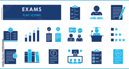 A set of flat icons related to Exams. Exam, grade, hall, question paper, evaluation, syllabus, ranking, notes, preparation, graduation, and so on.