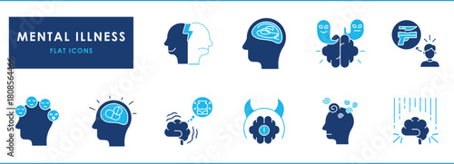 A set of flat icons related to mental illnesses. Schizophrenia, Bipolar Disorder, Severe Depression, Anorexia Nervosa, Identity Disorder, and so on.