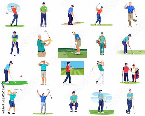 Flat Style Detail Golfer People Playing Golf Sport Activity Set