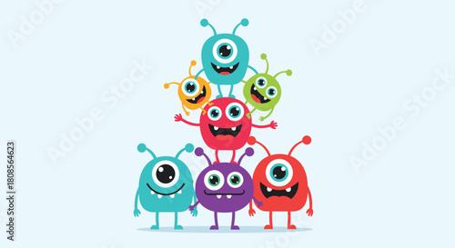 Playful group of seven colorful and cute cartoon monsters with multiple eyes stacked in a cheerful pyramid formation.