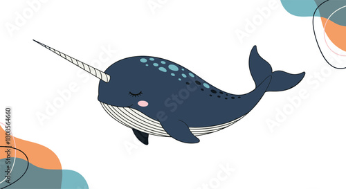 Adorable cartoon narwhal with closed eyes swimming peacefully on a white background with abstract corner design elements.