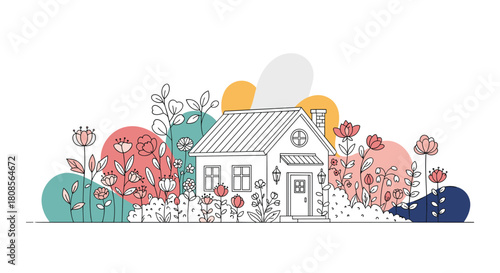 Charming line art illustration of a cozy house surrounded by flowers with colorful abstract shapes creating a modern background.