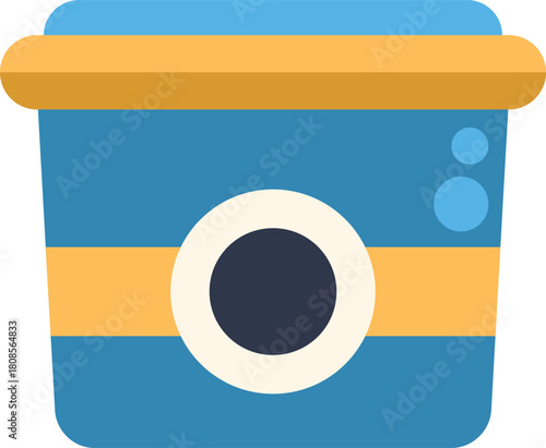 Blue paper coffee cup with yellow bands and a plastic lid, representing a takeaway beverage