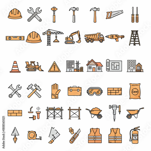 Construction site equipment icons set, building tools and machinery collection, safety gear and materials, flat design elements