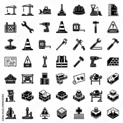 Construction Site Icons Set Including Tools Safety Equipment Heavy Machinery and Building Materials Vector Graphic