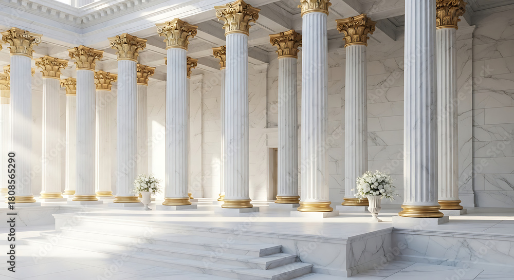 Naklejka premium Grand hall interior with numerous white marble columns and golden capitals, bathed in natural light