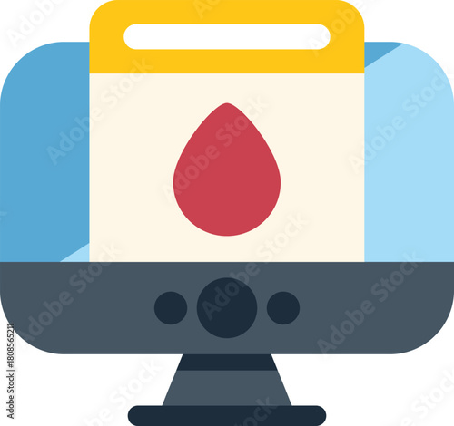 Online blood donation application showing blood drop on desktop computer screen, promoting blood drive campaign