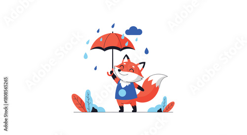 Cheerful cartoon fox holding a red umbrella to shield itself from the rain in a cute and whimsical nature scene.