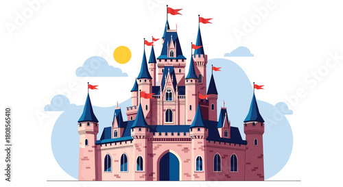 Majestic fairytale castle with tall blue spires and pink walls under a bright sun and clouds in a fantasy kingdom setting.