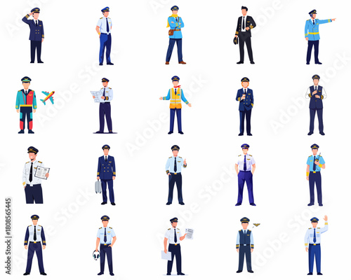 Modern Flat Style Full Body Pilot Profession Character Set Illustration