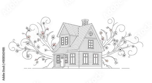 Elegant line art drawing of a rustic country house with beautiful flowering branches growing from its sides for a romantic feel.