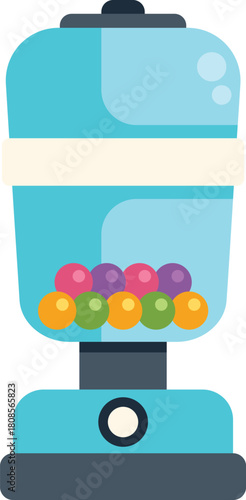 Blue gumball vending machine dispensing colorful candy and treats, fun illustration on white background