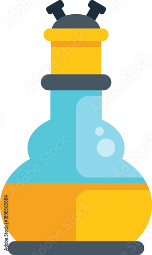 Round bottom flask with bubbling yellow liquid inside, conducting a science experiment