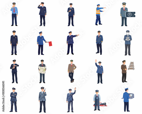Flat Style Full Body Diverse Policeman Profession Character Set Illustration
