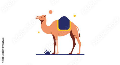 Modern flat design illustration of a dromedary camel with a blue saddle standing in a minimalist desert landscape.