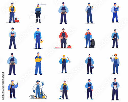 Flat Illustration Workers Standing in Various Poses and Uniforms, Diverse Occupations