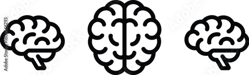 Three Outline Brain Icons with Central Top View mind