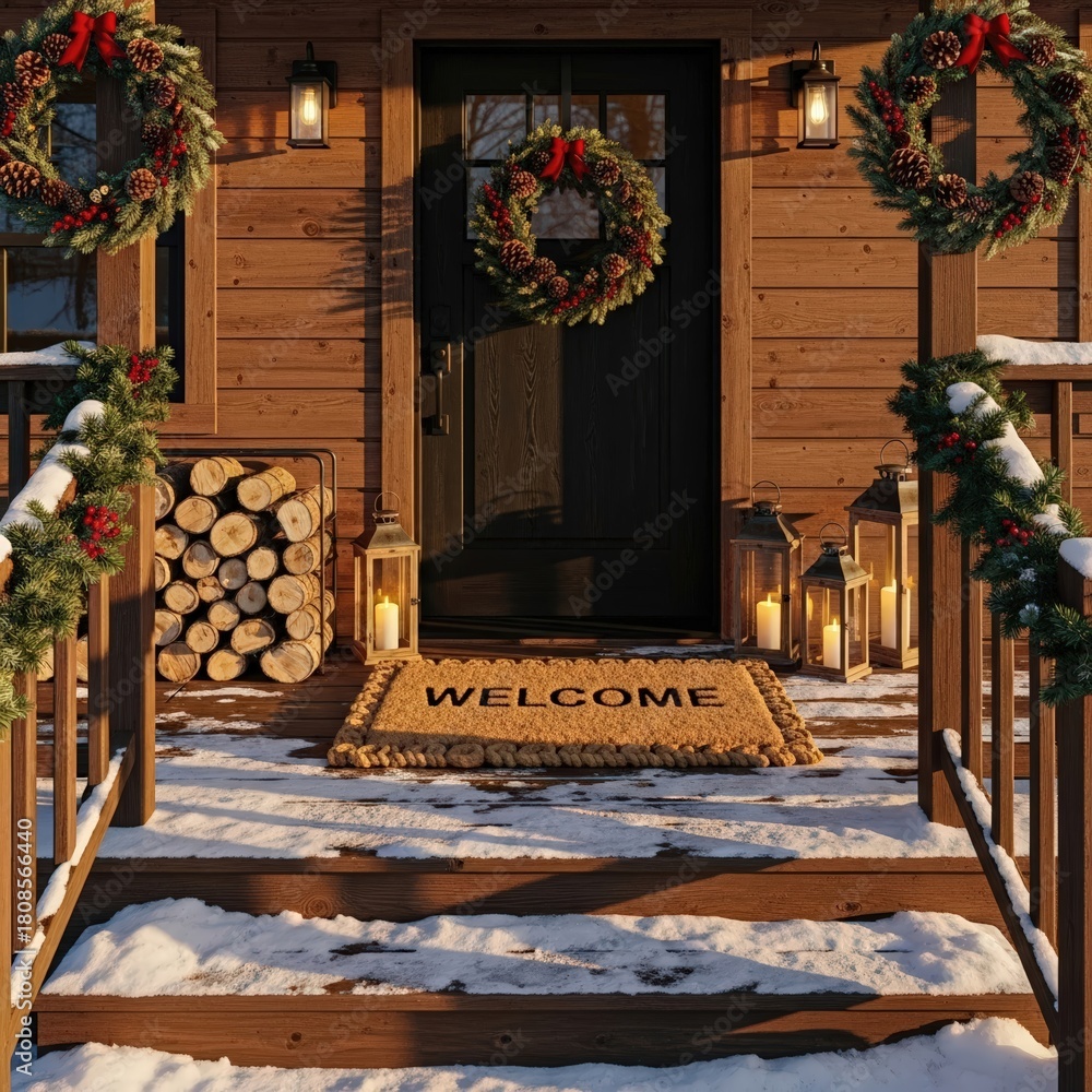 Obraz premium A cozy wooden cabin's front porch decorated for Christmas with wreaths, garlands, and lanterns in the snow.