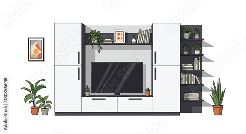 Minimalist living room interior featuring a modern white entertainment center with a TV bookshelves and decorative houseplants.