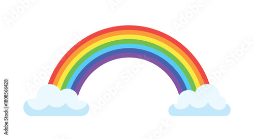 Simple and bright cartoon illustration of a classic seven-color rainbow arching between two fluffy white clouds on a clean background.