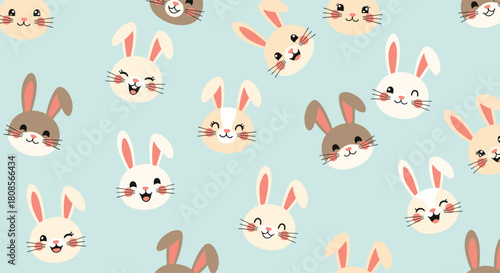 Adorable and seamless pattern of cute smiling bunny rabbit faces in various colors on a soft light blue background.