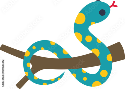 Cartoon turquoise snake with yellow spots resting on a branch, wildlife reptile