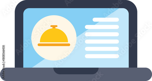 Laptop is showing a food delivery platform with a restaurant cloche icon