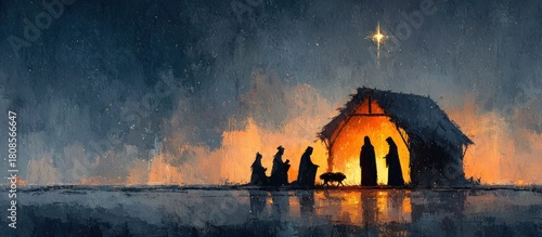 A painting of the nativity scene with a star overhead, silhouetted figures