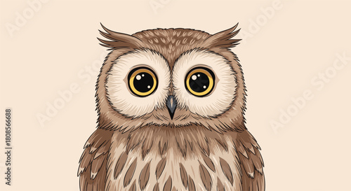 Beautifully detailed portrait illustration of a cute owl with large expressive golden eyes looking directly at the viewer.