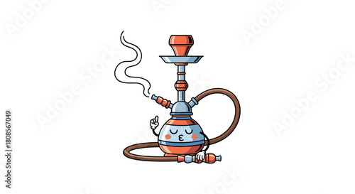 Funny hookah mascot character with a relaxed expression gesturing while exhaling a plume of white smoke in a cartoon style.