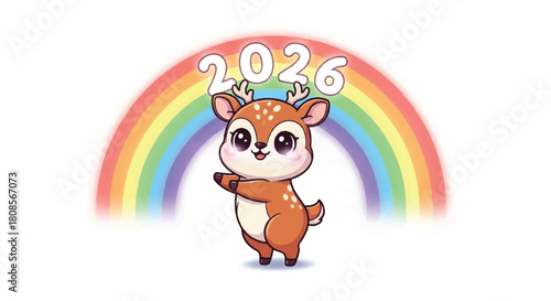 Adorable cartoon fawn celebrating under a rainbow with the year 2026 in a playful, colorful illustration.